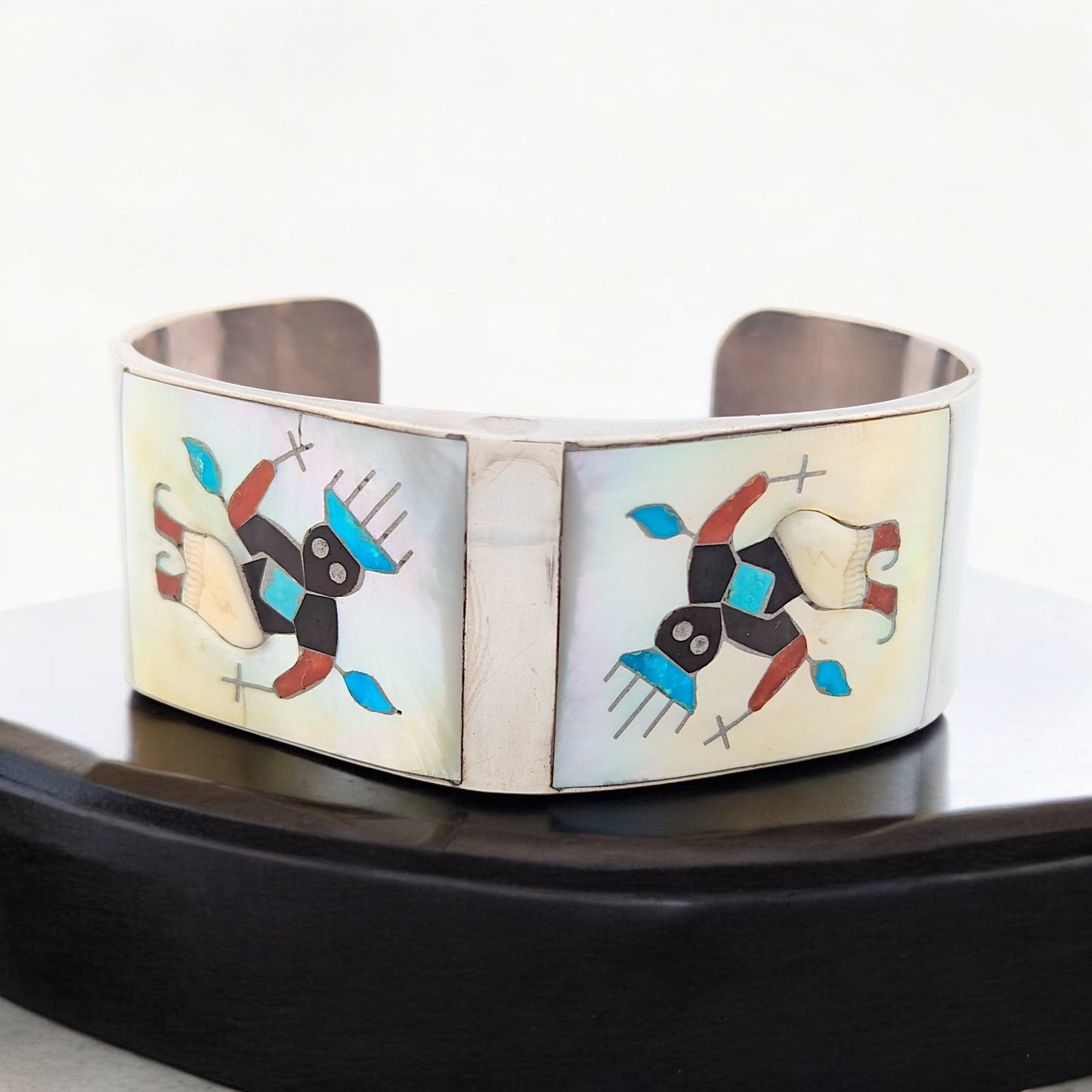 Lawman's Landing | Vintage Zuni Inlay Signed Cuff Bracelet Featuring Apache Crown Dancer by Toni Ohmsatte