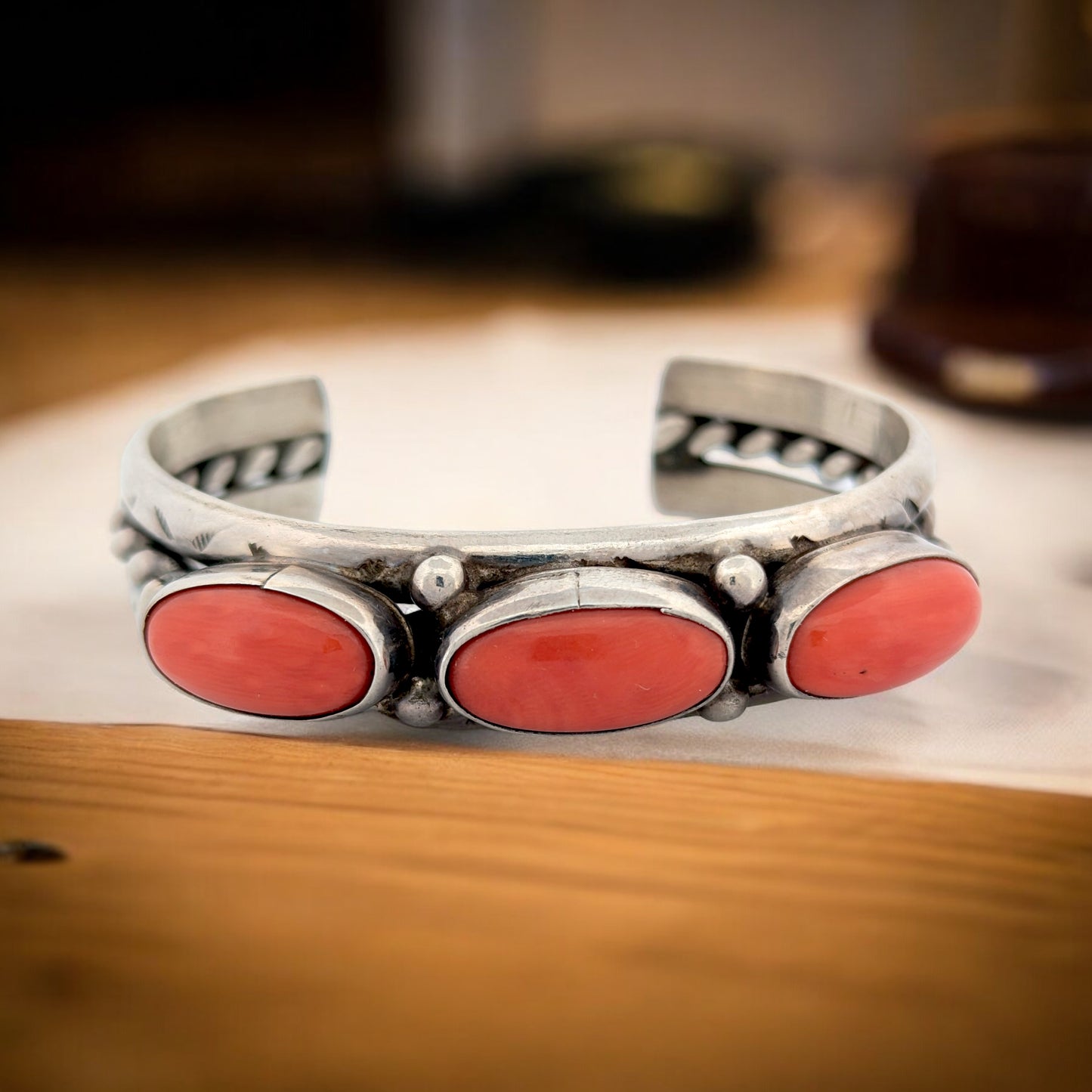 Cowboy's Crossing | Vintage Navajo Sterling Silver Three Stone Deep-Red Coral Cuff Bracelet