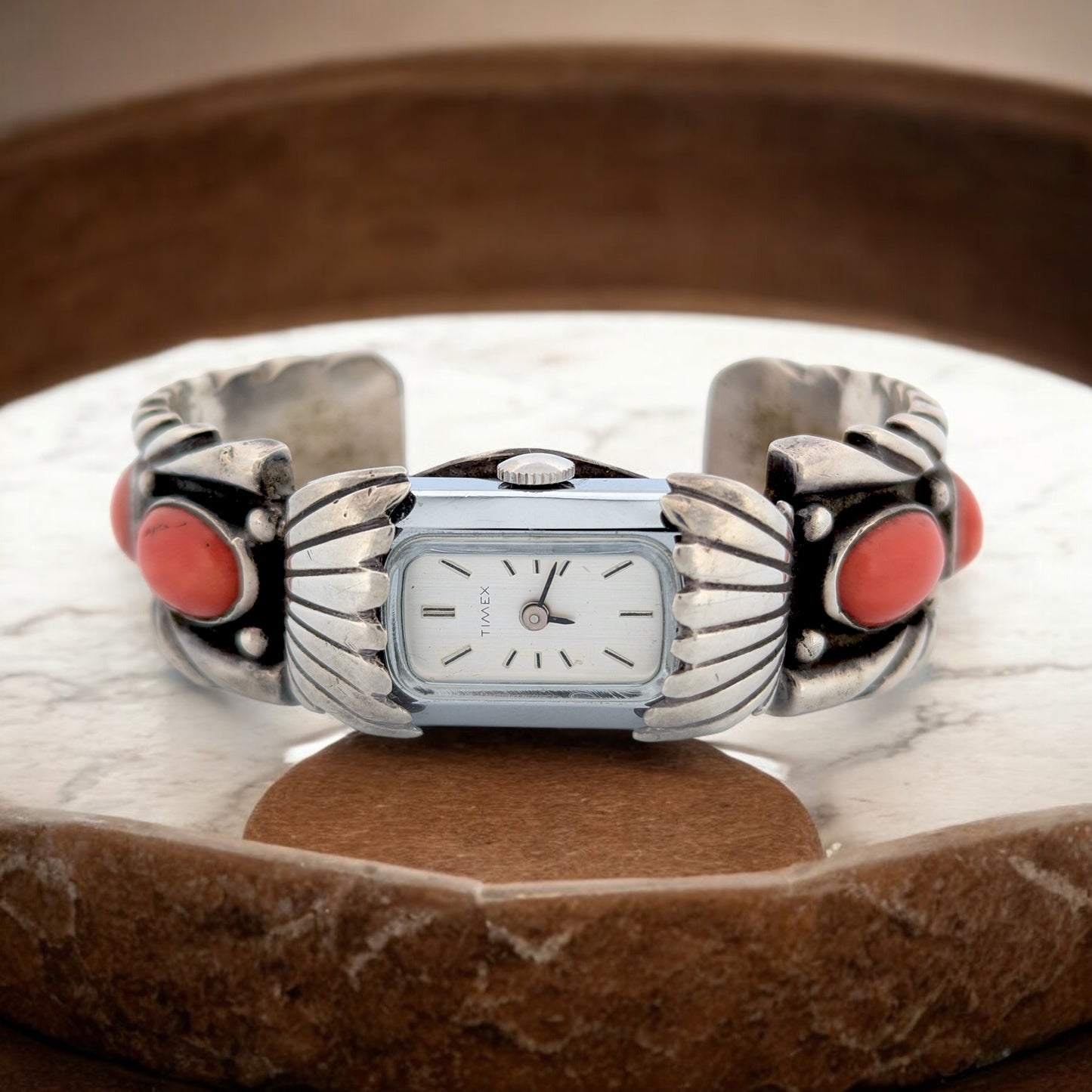 Sundown Settlement | Vintage Navajo Sterling Silver Six Stone Deep-Red Coral Watch Band by Harvey Thompson