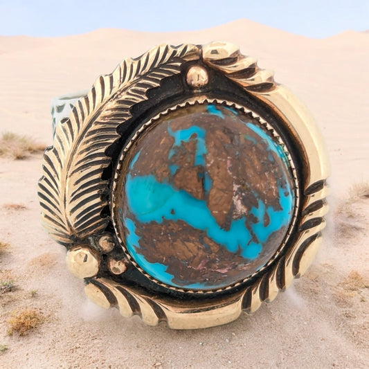 Rustler's Rest | Vintage Navajo Handmade Sterling Silver and 18k Plated Sterling Silver Turquoise Stamped Ring - Size 10