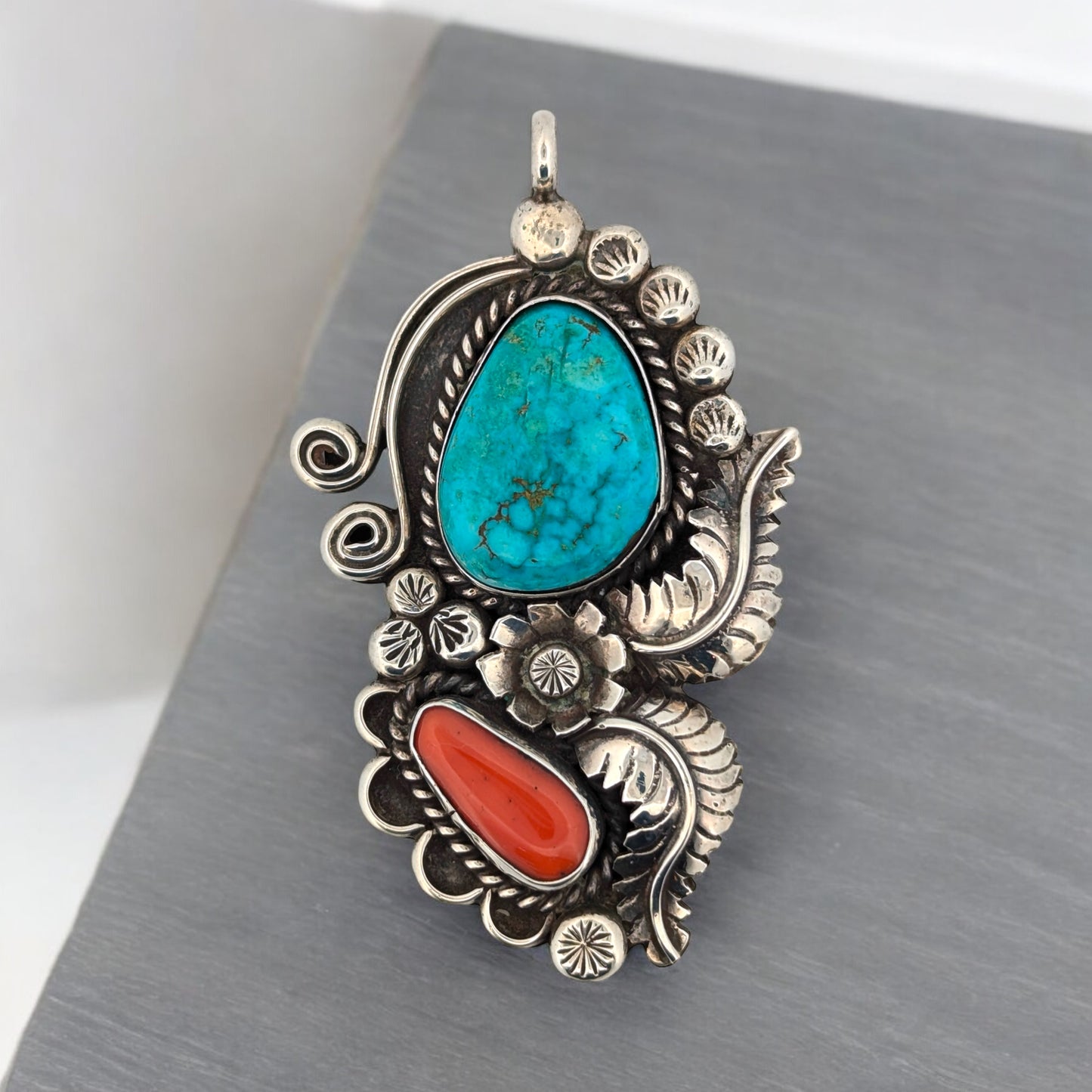 Outlaw Oasis | Vintage Handmade Sterling Silver Turquoise and Coral Pendant by Navajo Artist Eddie Nelson