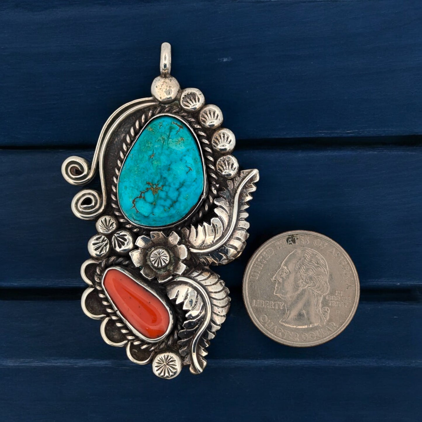 Outlaw Oasis | Vintage Handmade Sterling Silver Turquoise and Coral Pendant by Navajo Artist Eddie Nelson