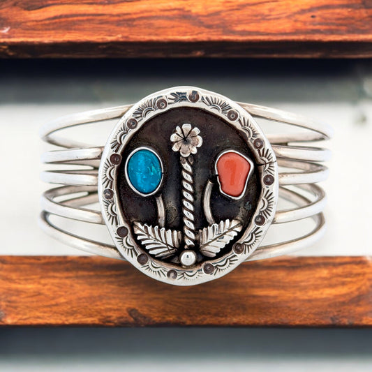 Silverado Run | Vintage Sterling Silver Five-Wire Turquoise and Coral Cuff Bracelet