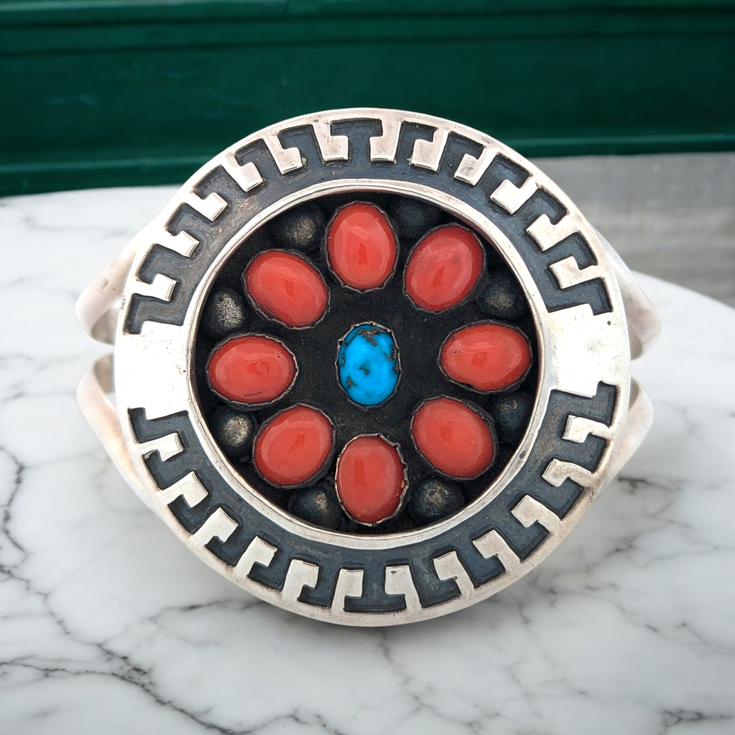 Dust Devil | Vintage Sterling Silver Coral and Turquoise Cuff Bracelet by Navajo Artist Rosco Scott