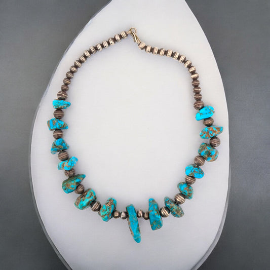 Bronco Bend | Vintage Handmade Sterling Silver Beaded Turquoise Necklace - 15"