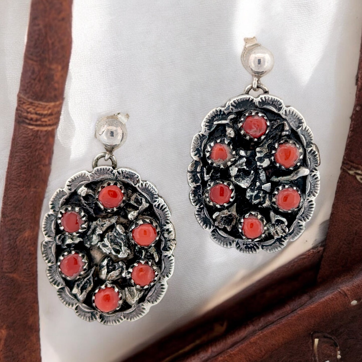 Golden Canyon | Vintage Handmade Sterling Silver and Pacific Coral Set - Necklace, Earrings, Ring, Cuff Bracelet by Nicholas and Theresa Leekela