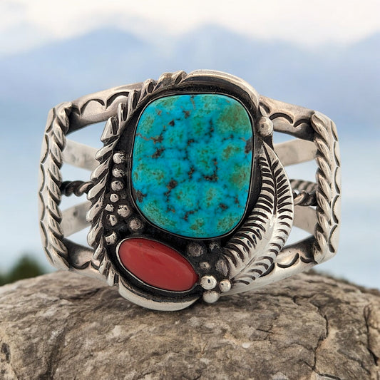 Lone Star | Vintage Handmade Sterling Silver Cuff Bracelet with Turquoise and Red Coral by Navajo Artist Thomas Largo