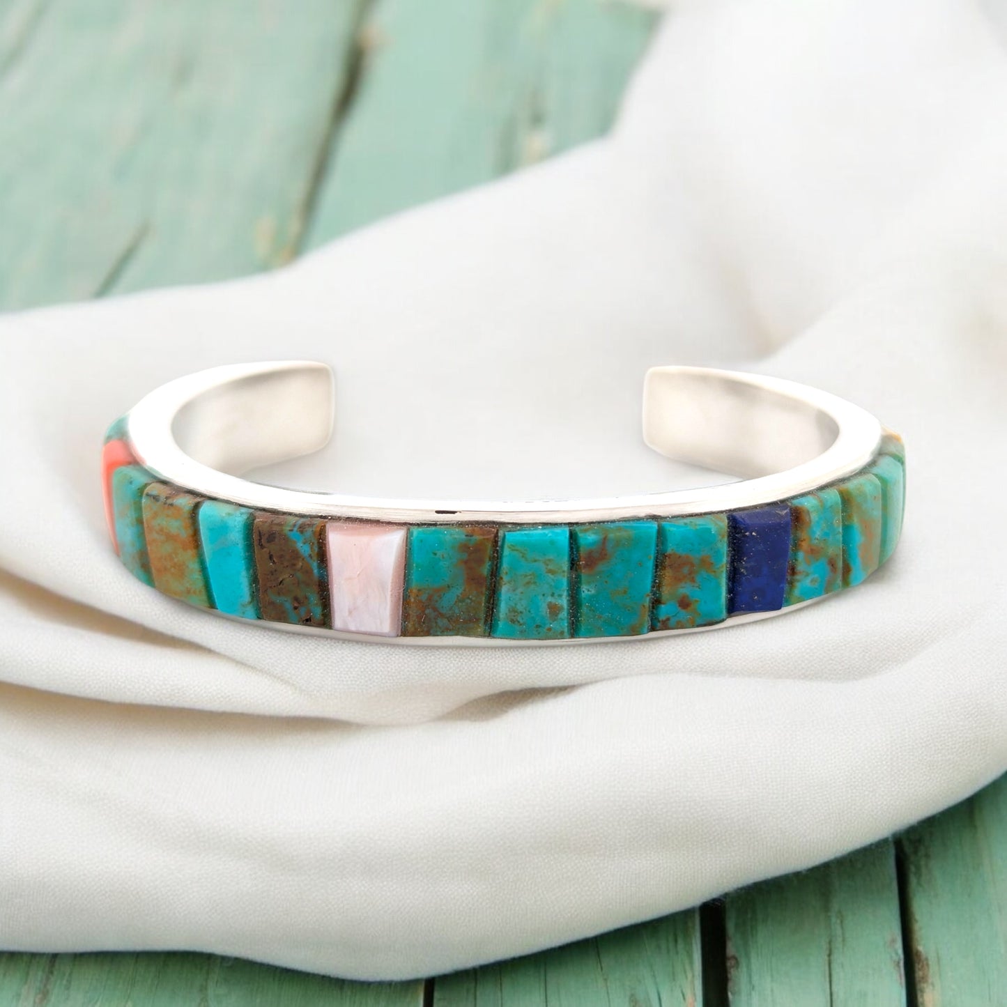 Turquoise Canyon | Hand Fabricated Cuff Bracelet with Turquoise, Red Coral, Angel Skin Coral, and Lapis Inlay