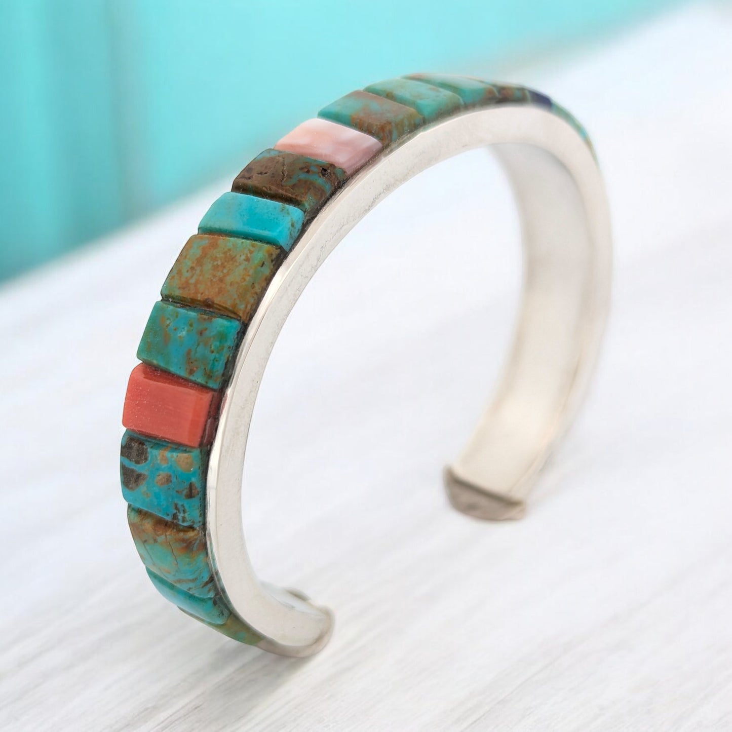 Turquoise Canyon | Hand Fabricated Cuff Bracelet with Turquoise, Red Coral, Angel Skin Coral, and Lapis Inlay