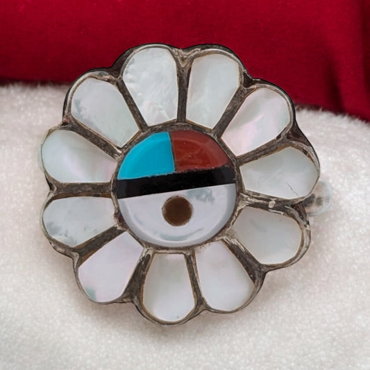 Lasso Springs | Vintage Zuni Ring with Mother of Pearl, Turquoise, and Coral Inlay, Size 7