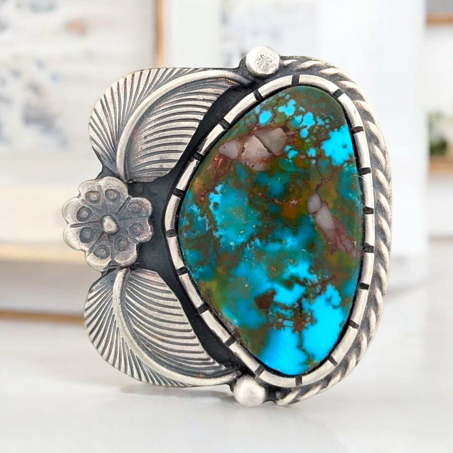 Santa Fe | Hand Fabricated Sterling Silver Ring with Kingman Turquoise Polychrome Cabochon, Satin Finish, Size 10