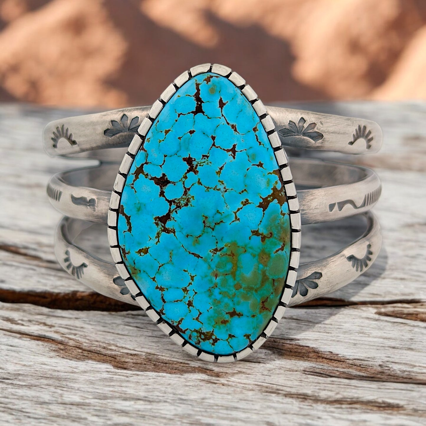 Roadrunner Flats | New Southwestern Hand-Fabricated Stamped Sterling Silver Cuff Bracelet with Kingman Turquoise