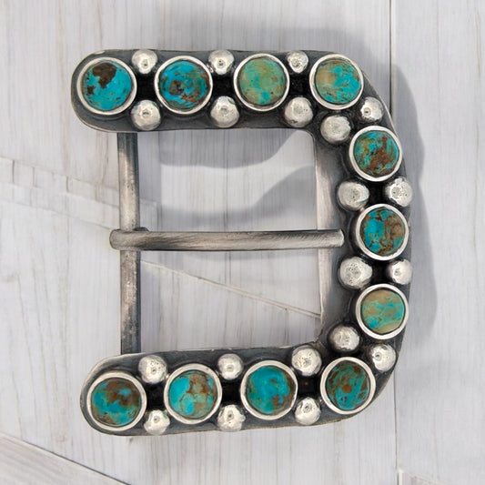 Blue Sundown | New Rob Sherman Sterling Silver Handmade Belt Buckle with Blue and Green Kingman Turquoise Southwestern Rodeo