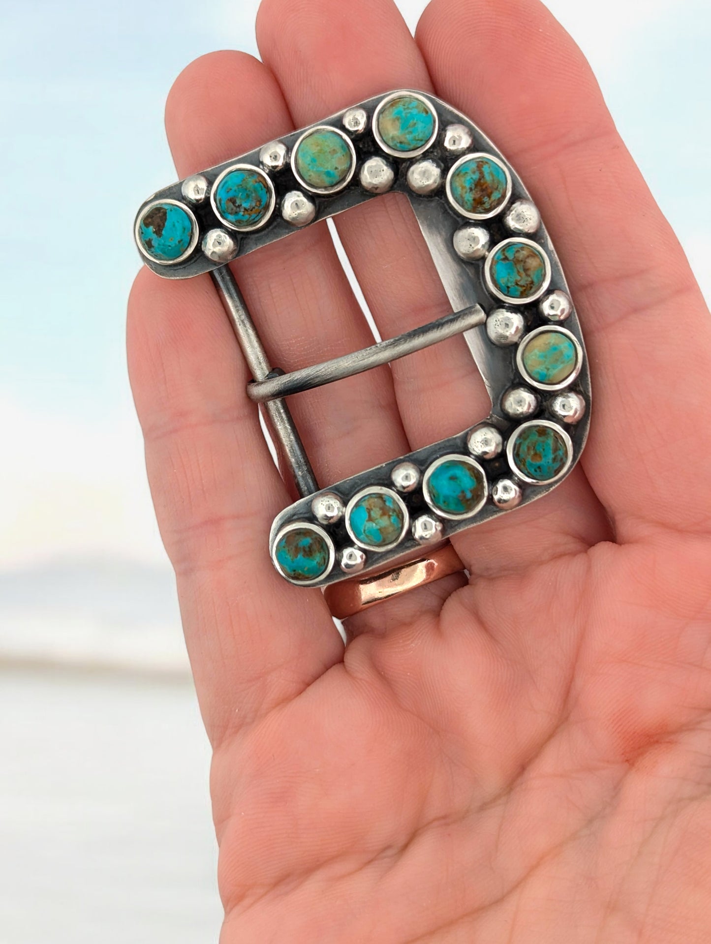 Blue Sundown | New Rob Sherman Sterling Silver Handmade Belt Buckle with Blue and Green Kingman Turquoise Southwestern Rodeo