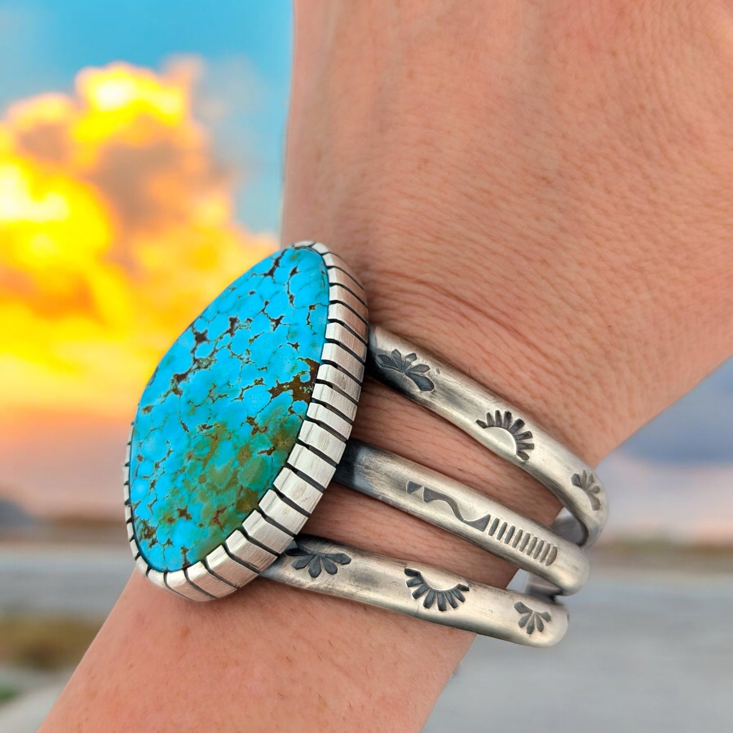 Roadrunner Flats | New Southwestern Hand-Fabricated Stamped Sterling Silver Cuff Bracelet with Kingman Turquoise