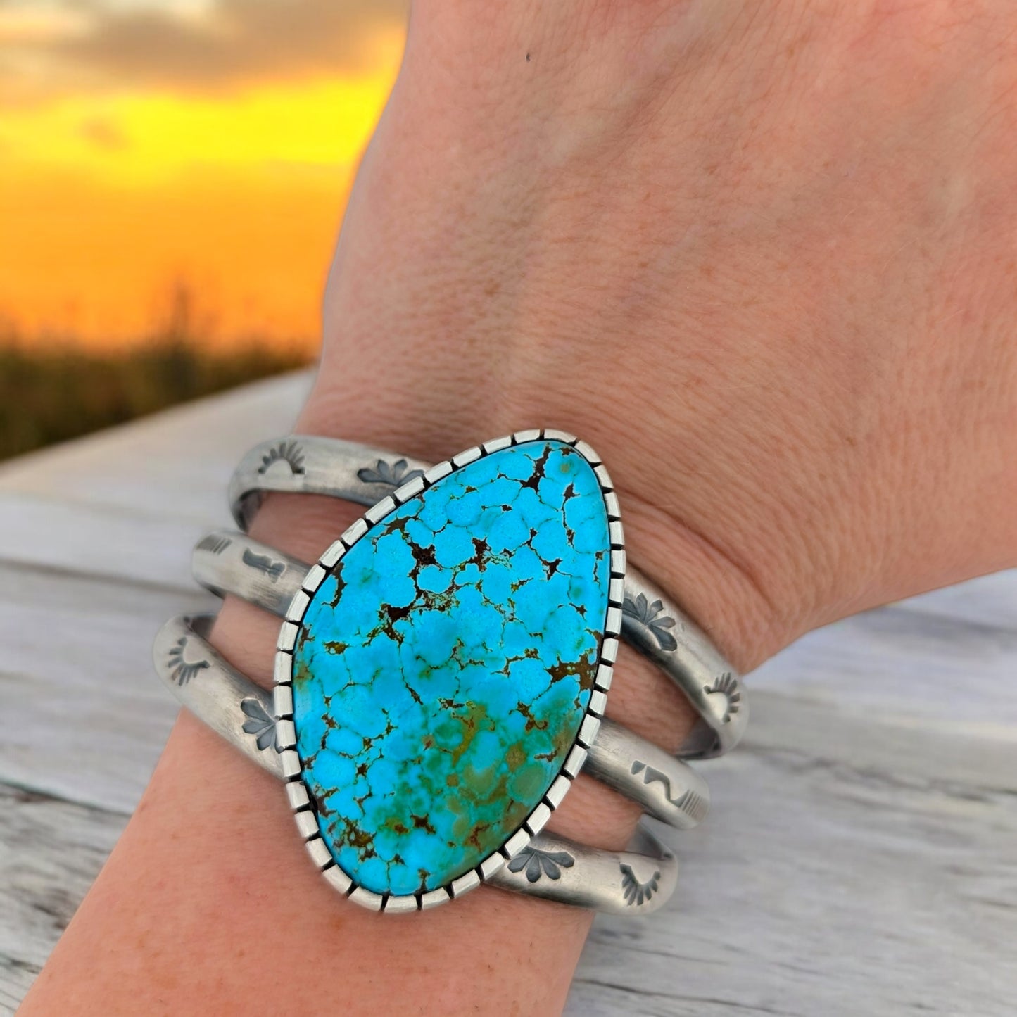 Roadrunner Flats | New Southwestern Hand-Fabricated Stamped Sterling Silver Cuff Bracelet with Kingman Turquoise