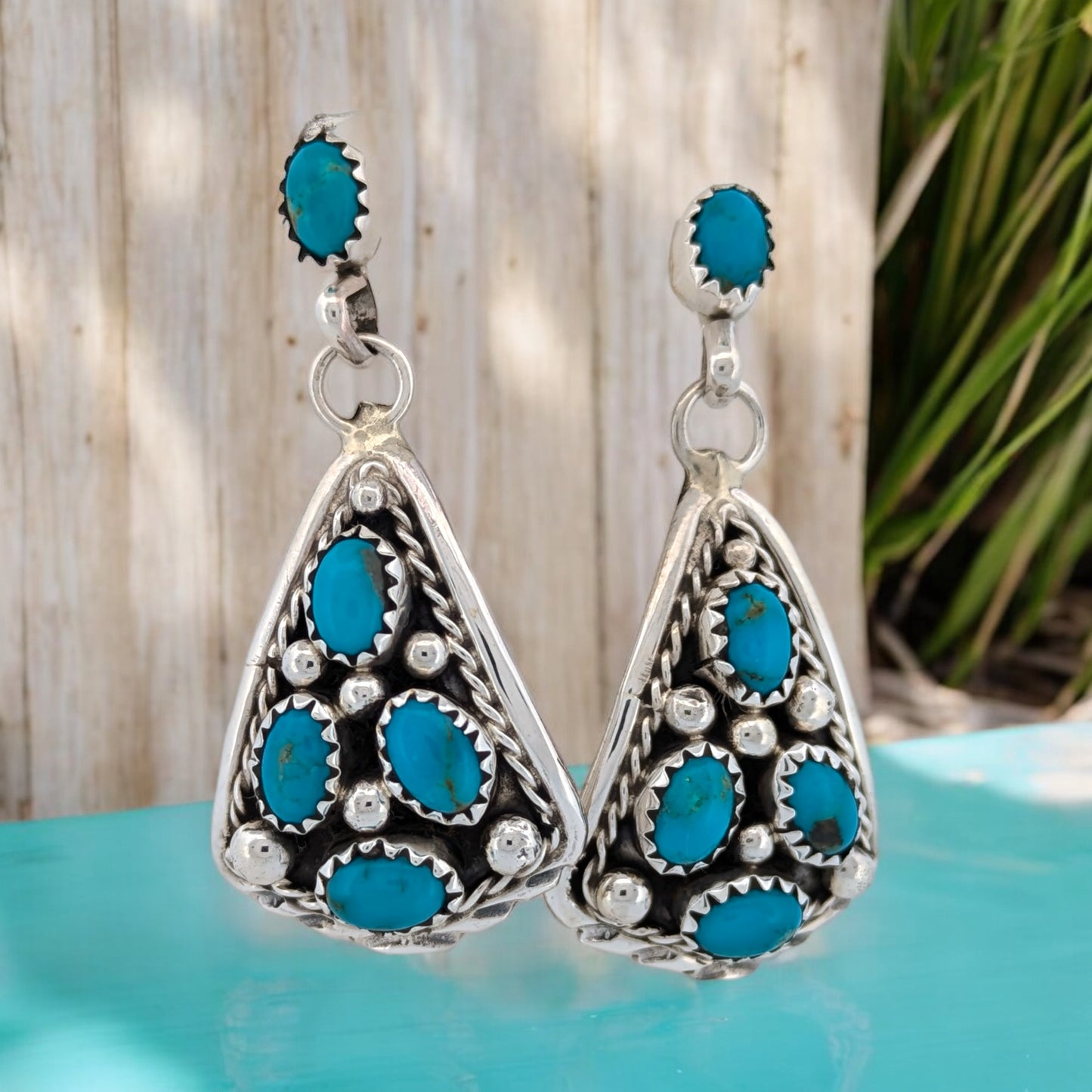 Cowgirl Run | Native American Handmade Sterling Silver Earrings with Ten Turquoise Cabochons by Navajo Artist Melvin Chee