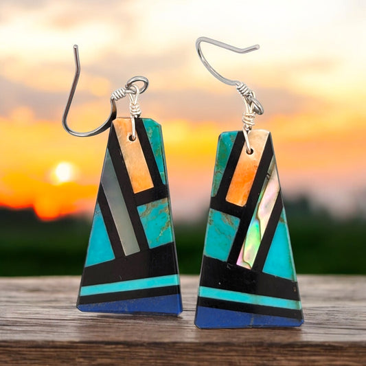 Copper Moonstone | New Native American Handmade Mosaic Inlay Earrings with Sterling Wires