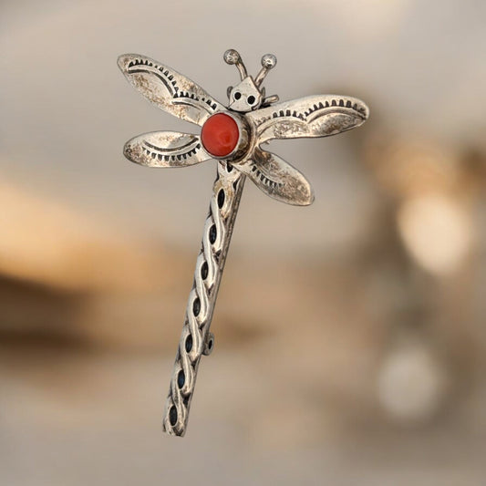 Sagebrush Sunset | Vintage Sterling Silver Dragonfly with Coral Accent