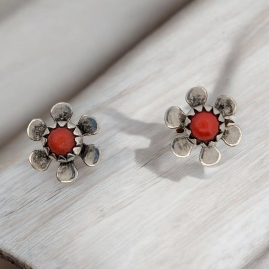 Copper Sky | Vintage Flower Sterling Silver Earrings with Coral Centers