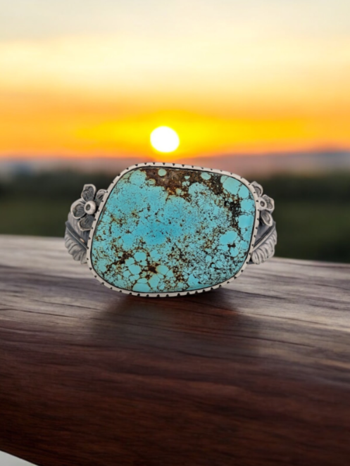 Wild Horse Run | Handmade Sterling Silver Cuff Bracelet with Large Natural Hubei Turquoise Stone, Satin Finish, 8" Interior