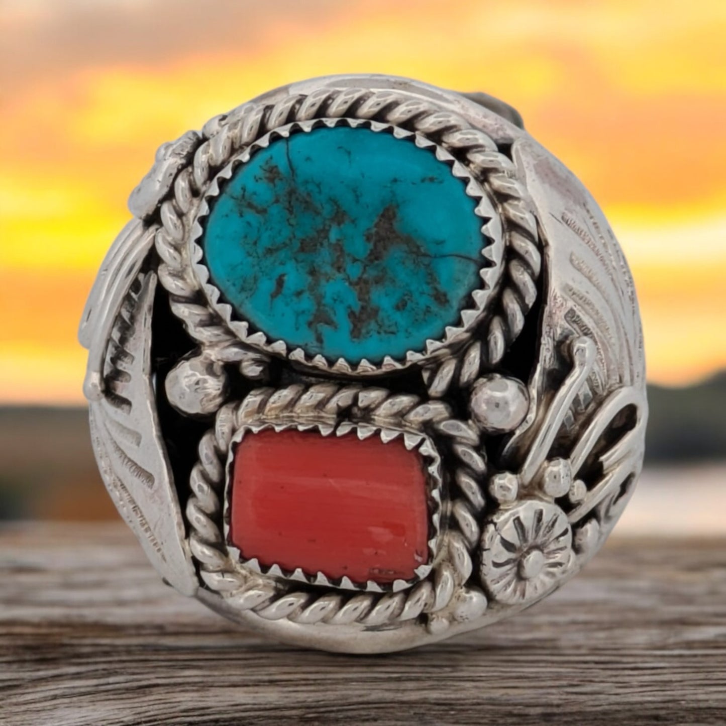 Cibolo Ridge | New Sterling Silver Handmade Turquoise And Coral Ring With Leaves And Flowers Accents