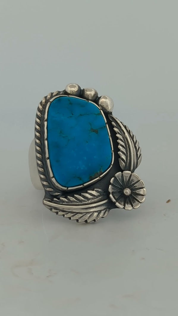 Cowboy's Gulch | Handmade Sterling Silver Ring - Blue Turquoise with Leaf & Flower Accents (Size 13)