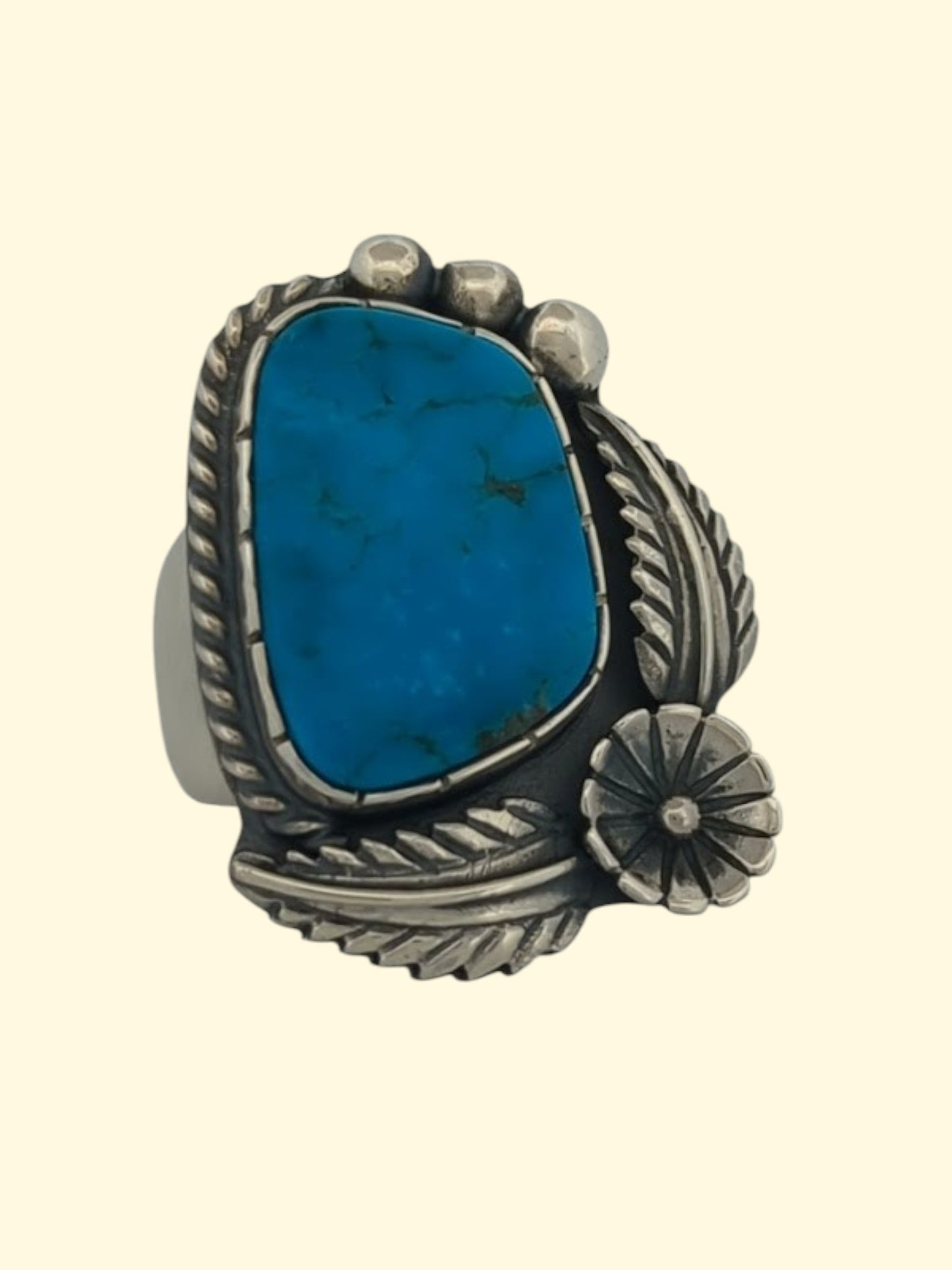 Cowboy's Gulch | Handmade Sterling Silver Ring - Blue Turquoise with Leaf & Flower Accents (Size 13)