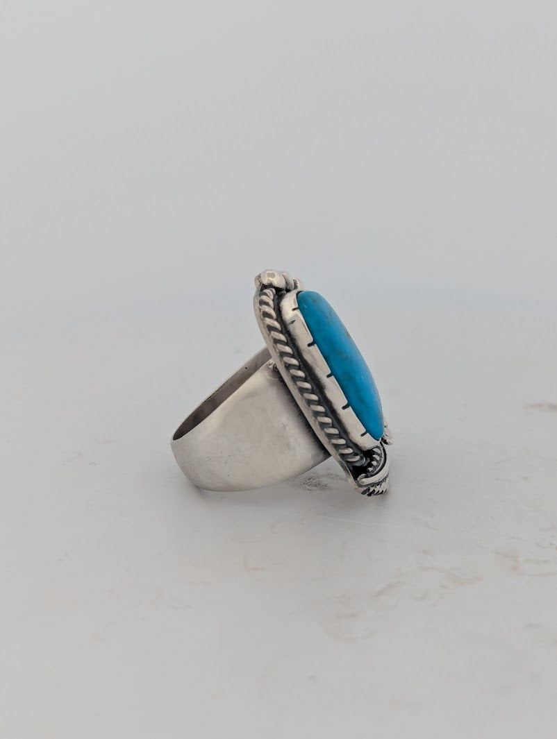 Cowboy's Gulch | Handmade Sterling Silver Ring - Blue Turquoise with Leaf & Flower Accents (Size 13)