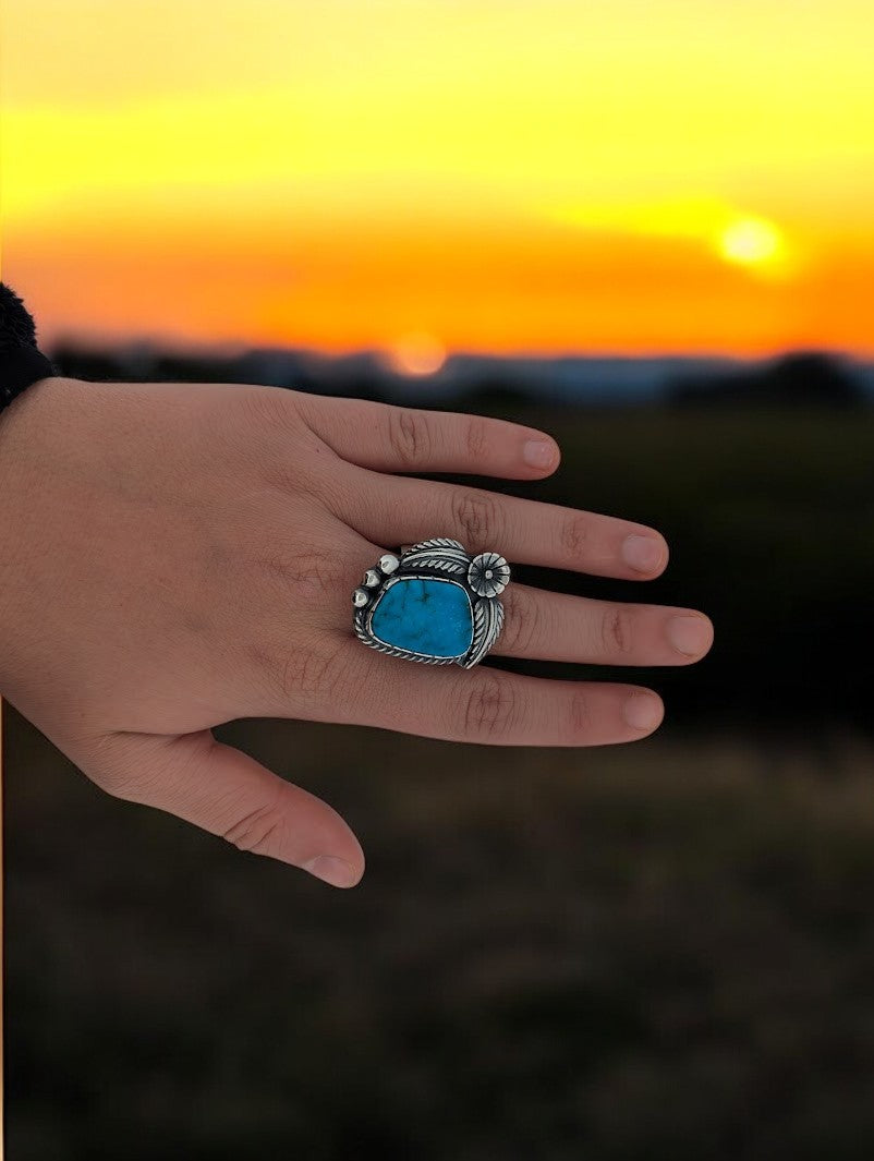 Cowboy's Gulch | Handmade Sterling Silver Ring - Blue Turquoise with Leaf & Flower Accents (Size 13)