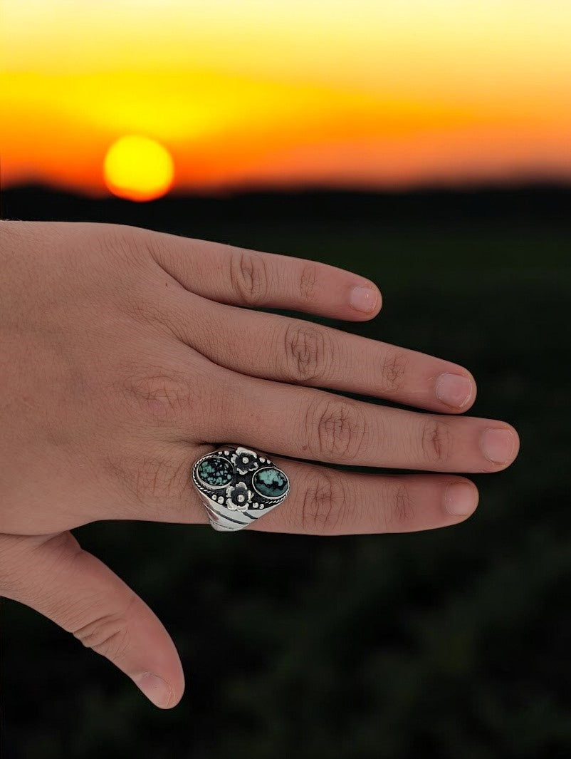 Outlaw's Trail | Handmade Sterling Silver Ring with Green Variscite and Flower Accents (Size 10)