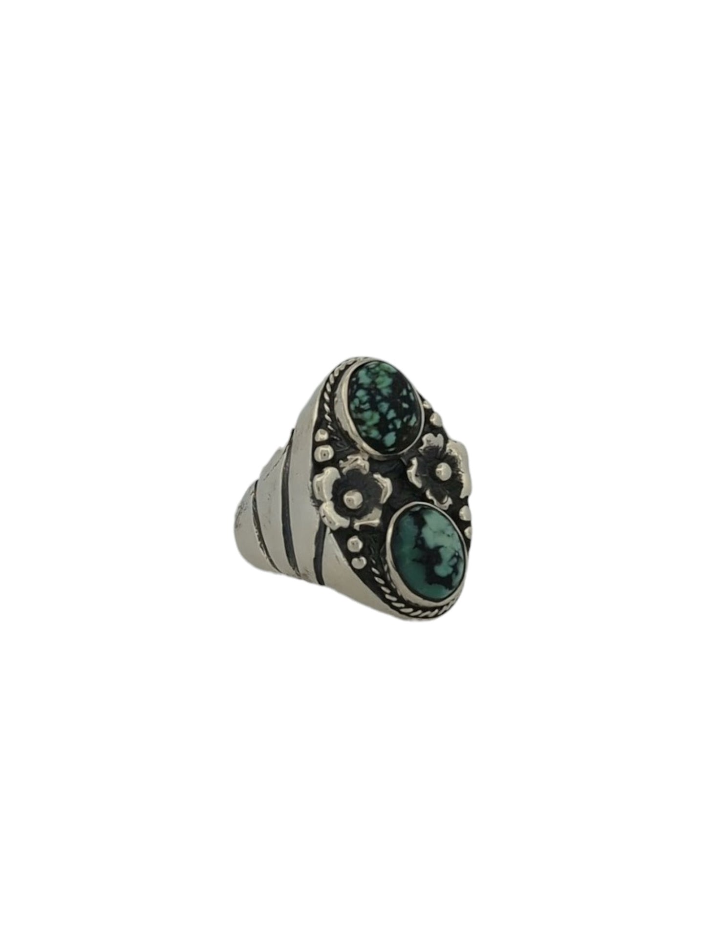 Outlaw's Trail | Handmade Sterling Silver Ring with Green Variscite and Flower Accents (Size 10)