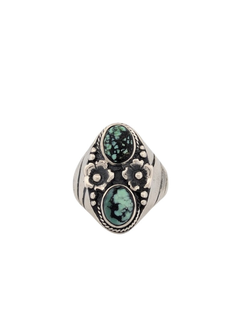 Outlaw's Trail | Handmade Sterling Silver Ring with Green Variscite and Flower Accents (Size 10)