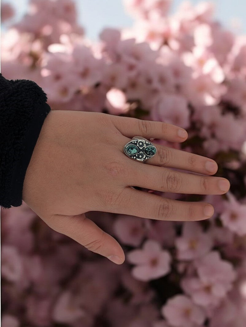 Outlaw's Trail | Handmade Sterling Silver Ring with Green Variscite and Flower Accents (Size 10)