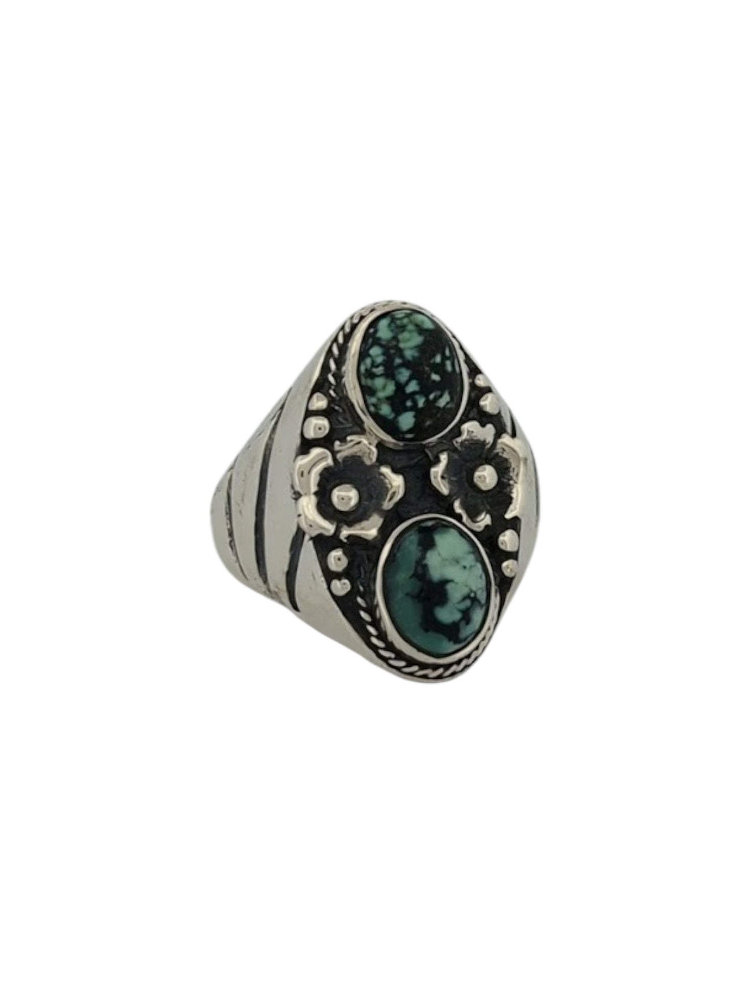 Outlaw's Trail | Handmade Sterling Silver Ring with Green Variscite and Flower Accents (Size 10)