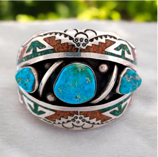 Proud Desert | Vintage Signed Handmade Overlay Cuff with Turquoise Cabochons and Stone Chip Inlay