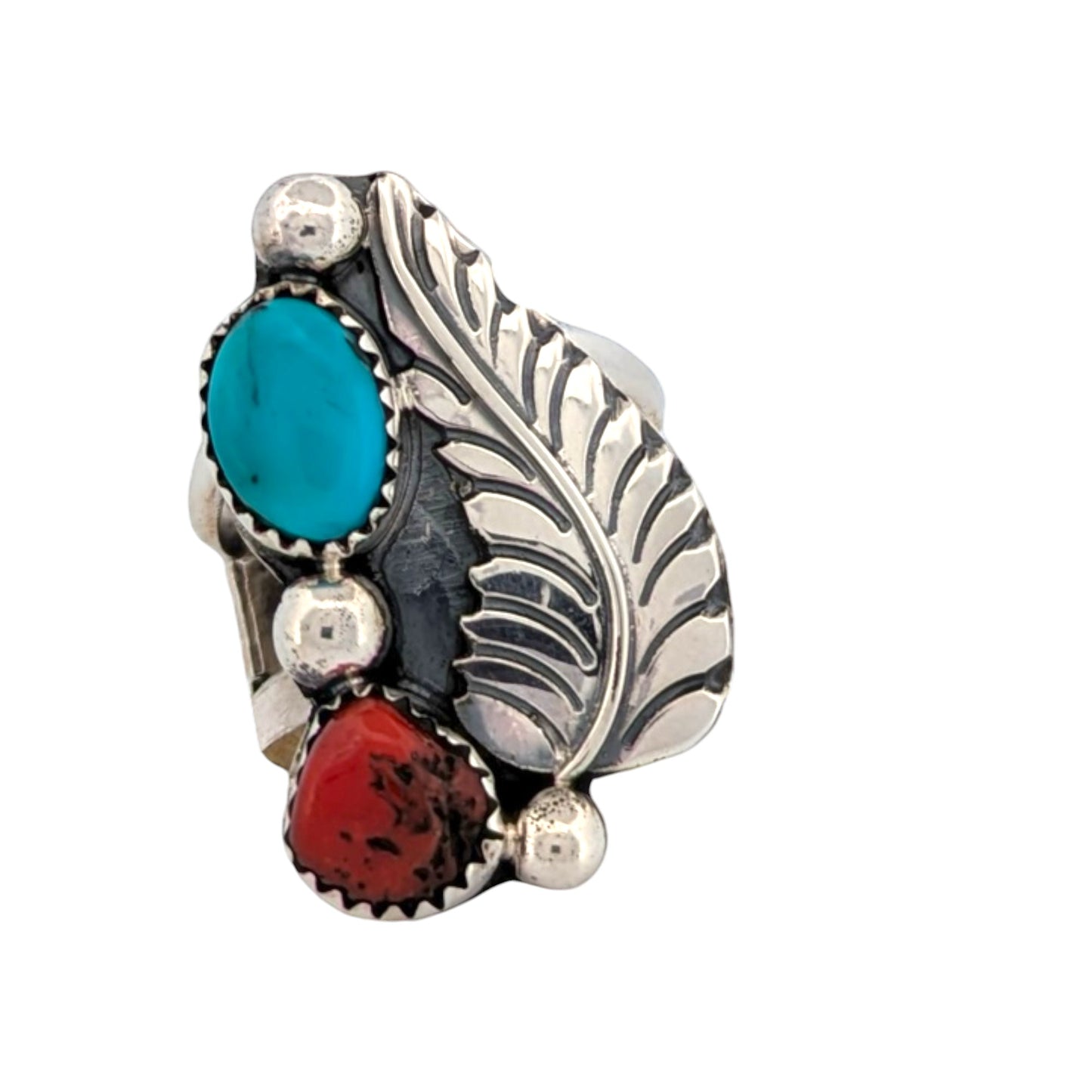 Bobcat Falls | Handmade Sterling Silver Ring with Turquoise and Coral Accents by Navajo Artist Tommy Moore