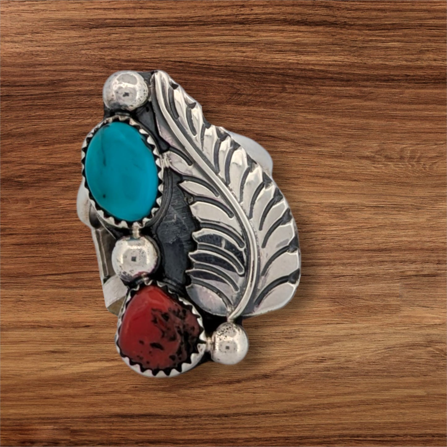 Bobcat Falls | Handmade Sterling Silver Ring with Turquoise and Coral Accents by Navajo Artist Tommy Moore