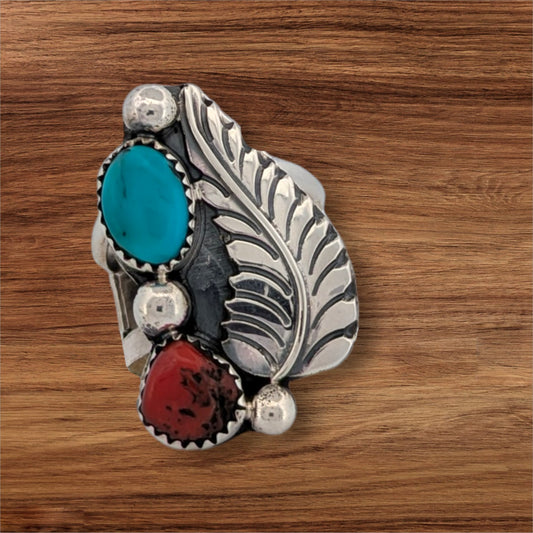 Bobcat Falls | Handmade Sterling Silver Ring with Turquoise and Coral Accents by Navajo Artist Tommy Moore