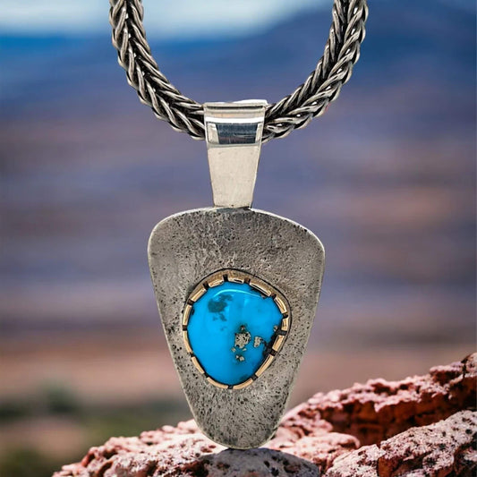 The Bakersfield 14k Gold and Sterling Silver Pendant with Kingman Blue Turquoise – Western Cowboy Aesthetic