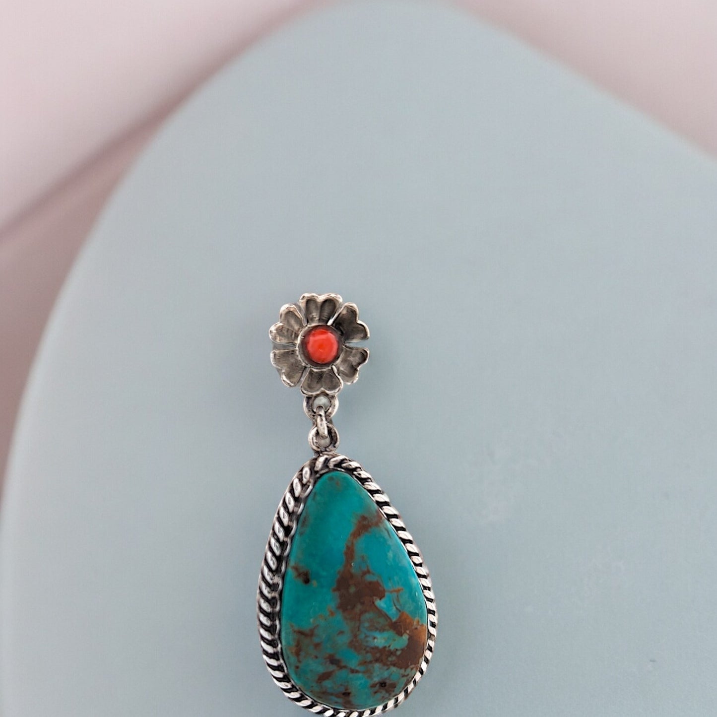 Prospector Springs | Handcrafted Sterling Silver Earrings featuring Kingman Turquoise & Coral accents.