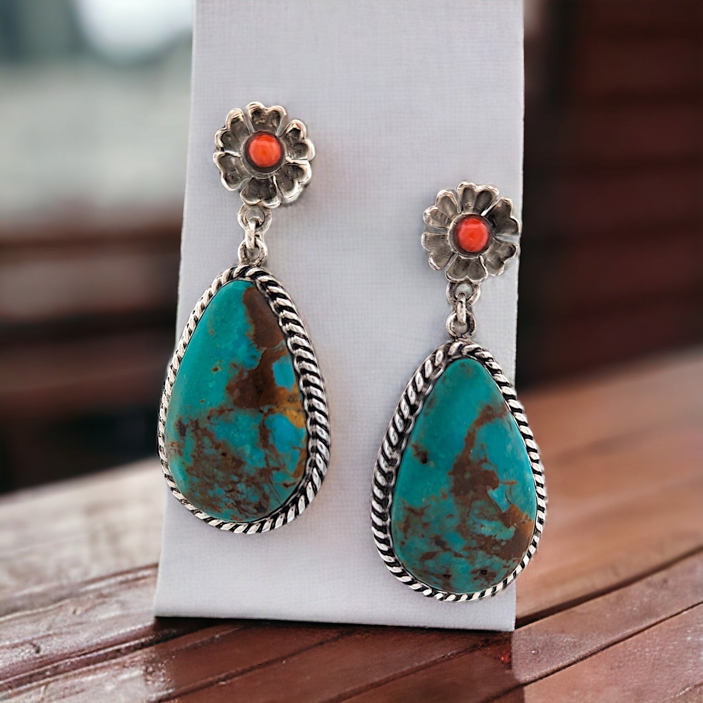 Prospector Springs | Handcrafted Sterling Silver Earrings featuring Kingman Turquoise & Coral accents.