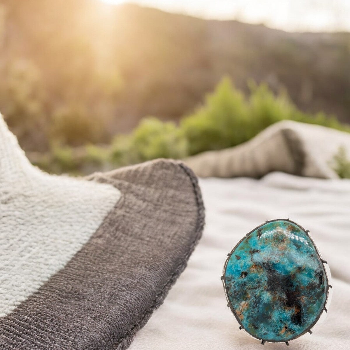 Cruel Roost | Sterling Silver Handmade Ring with Blue/Green Turquoise and Castellated Bezel - Size 8