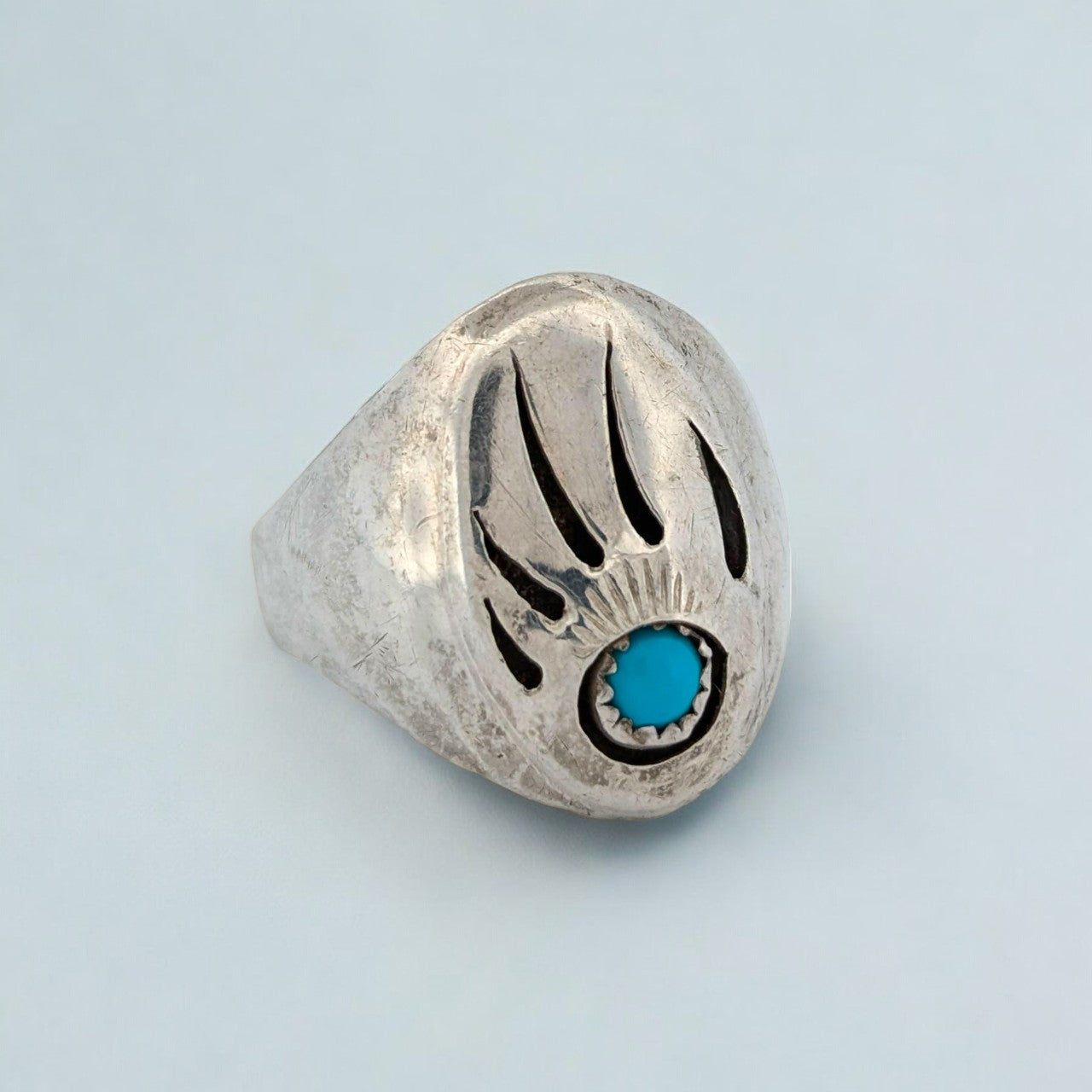 Miner's Delight Vintage Sterling Silver Bear Claw Ring with Turquoise Cabochon | Unique Artisan Jewelry - Size 14.25