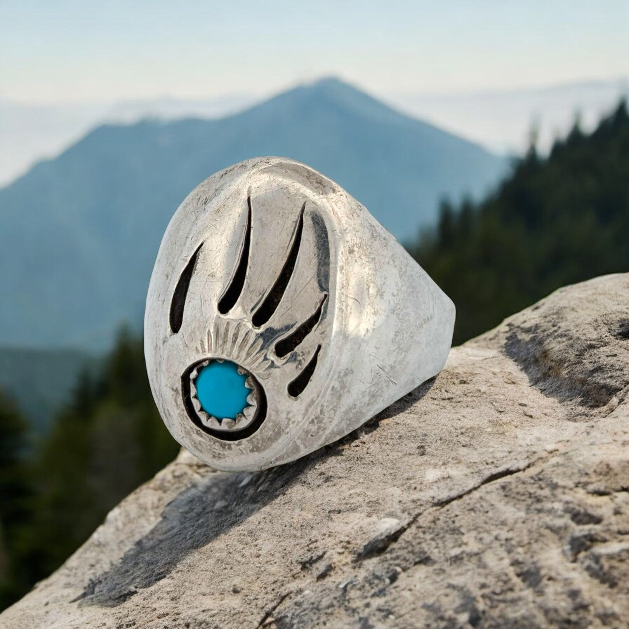 Miner's Delight Vintage Sterling Silver Bear Claw Ring with Turquoise Cabochon | Unique Artisan Jewelry - Size 14.25