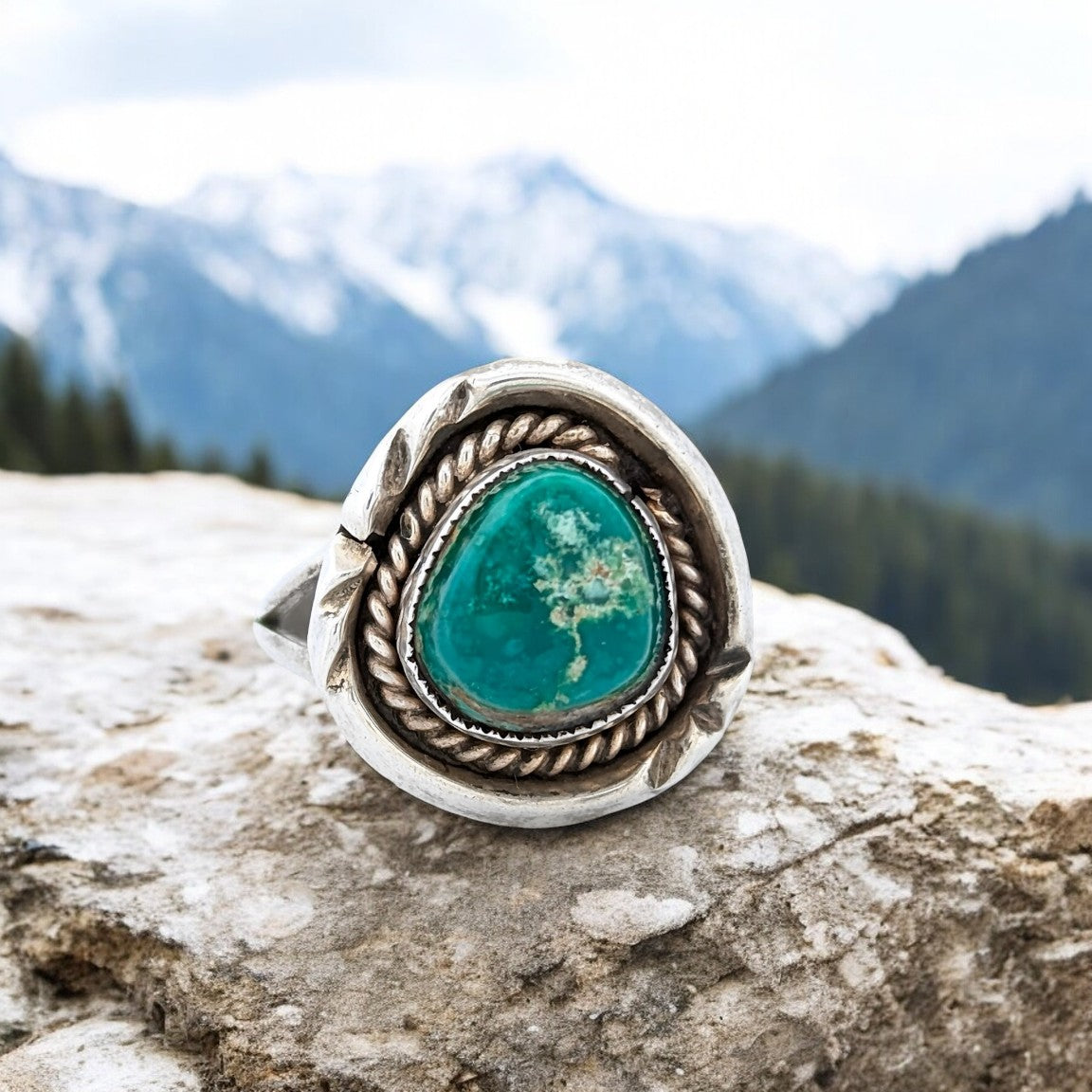 Buzzard's Roost | Vintage Sterling Silver Ring with Split Shank, Hand Stamped Top, Twisted Wire Motif, and Green Turquoise, Size 6