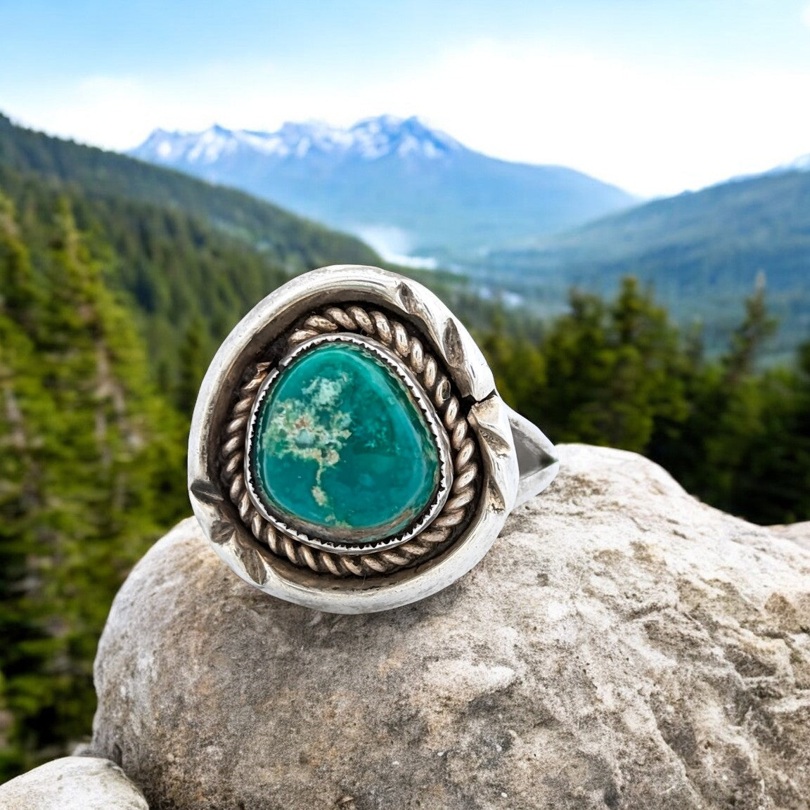 Buzzard's Roost | Vintage Sterling Silver Ring with Split Shank, Hand Stamped Top, Twisted Wire Motif, and Green Turquoise, Size 6