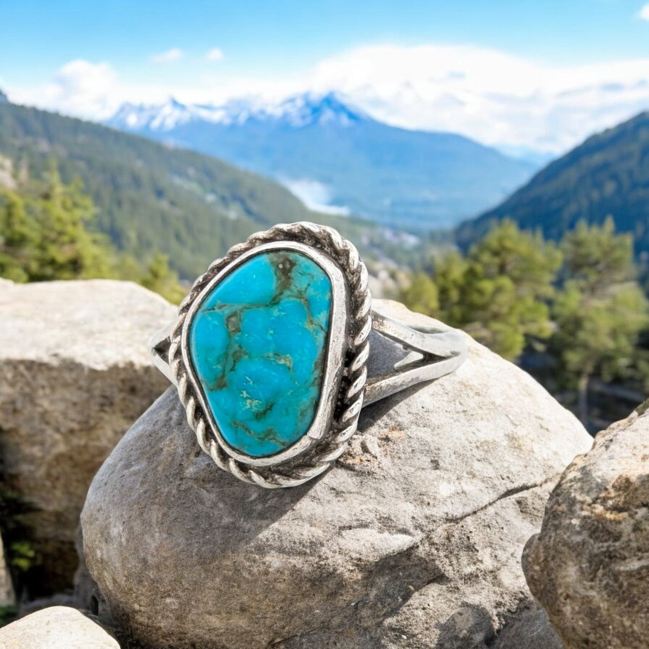 Rocky Springs | Vintage Sterling Silver Ring with Twisted Wire Motif and Bezel Set Blue Turquoise, Size 7