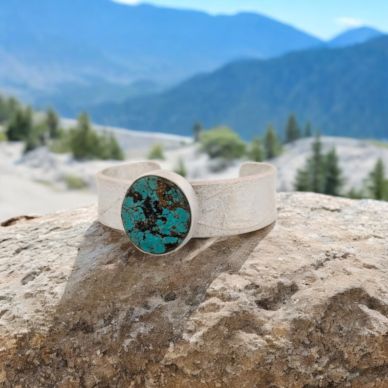 Cowboy Dreams | Sandcast Cuff Bracelet with Desert Scene and Kingman Turquoise Cabochon