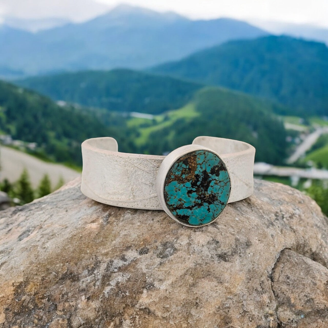 Cowboy Dreams | Sandcast Cuff Bracelet with Desert Scene and Kingman Turquoise Cabochon